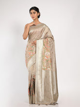 Kavvya Grey Soft & Lightweigh Tissue Silk Weaving Saree In Silver Zari & Meena Weaving ,Peacock & Floral Motifs On Body - KAVVYA
